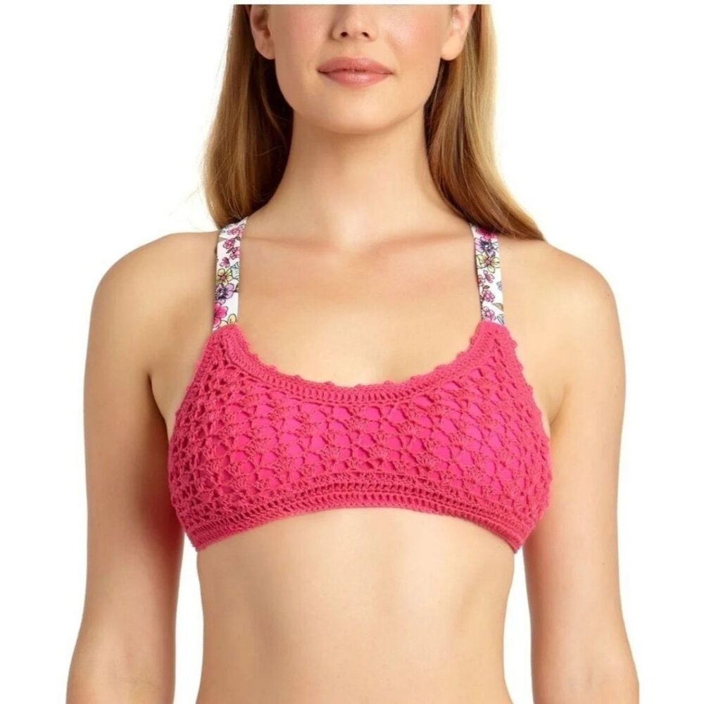 California Waves Large Bikini Top Neon Pink Retro Knit Crochet Bralette Swimwear - Picture 7 of 12